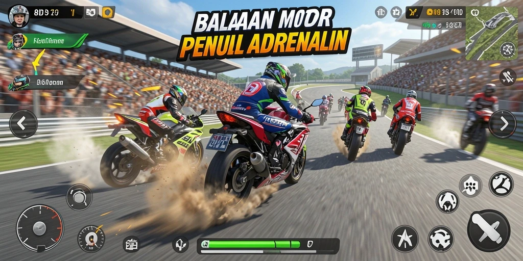 Screenshot aksi balapan motor yang mendebarkan.