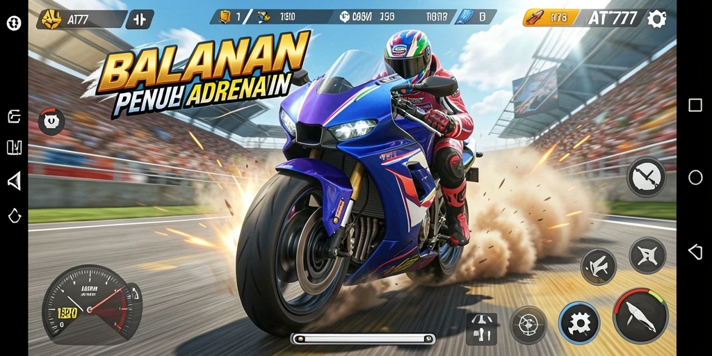 Screenshot gameplay AT777 menampilkan aksi balapan motor yang seru dan menegangkan.