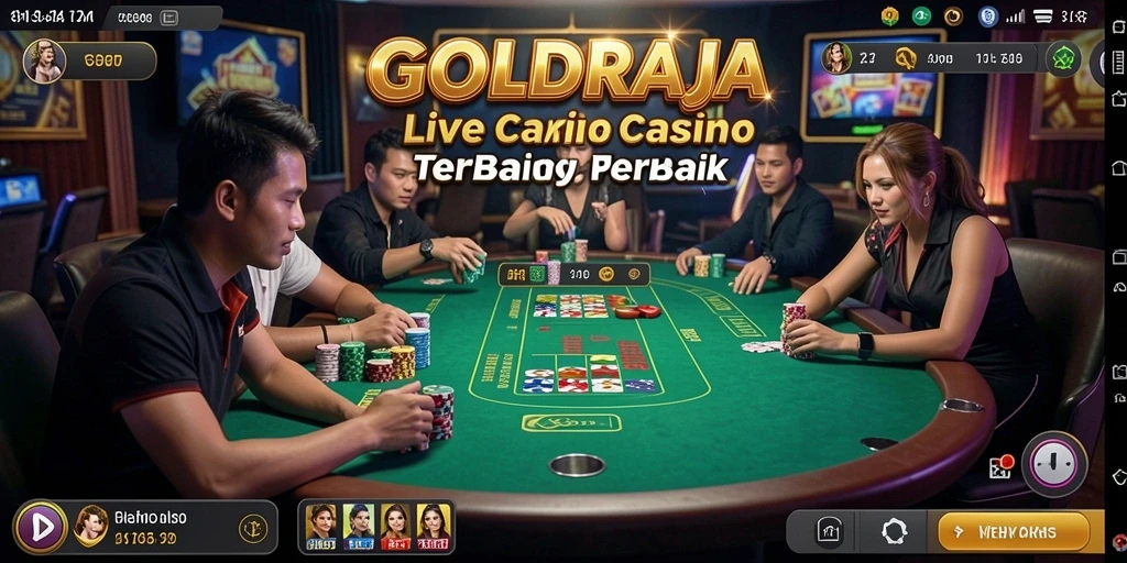 Screenshot gameplay GOLDRAJA menampilkan dealer profesional dan suasana Live Casino yang mendebarkan.