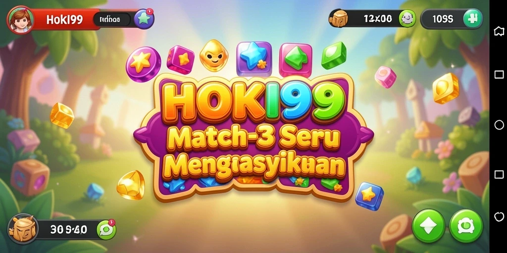 Screenshot HOKI99 menunjukkan gameplay Match-3 yang seru dan penuh warna.