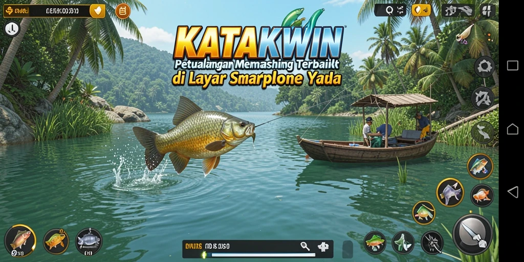 Screenshot KATAKWIN menunjukkan gameplay seru saat memancing ikan di danau yang indah.
