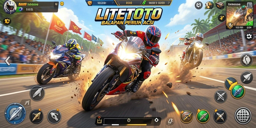 Tampilan gameplay LITETOTO dengan aksi balapan motor yang mendebarkan.